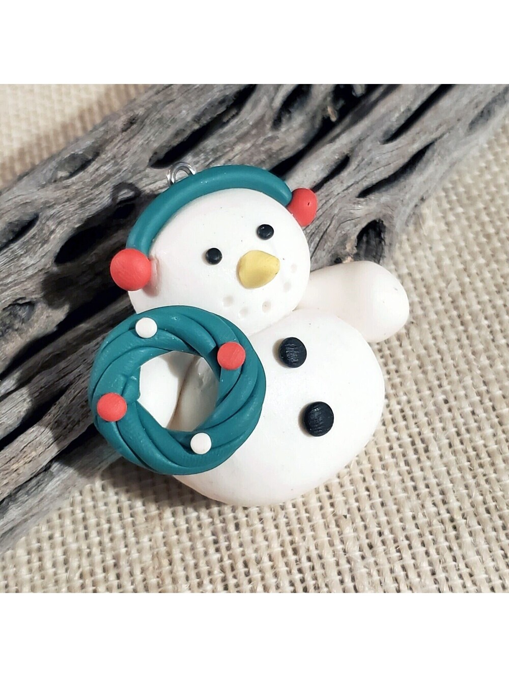 Handcrafted Fimo Clay Snowman and Wreath Christmas Pendant Ornament